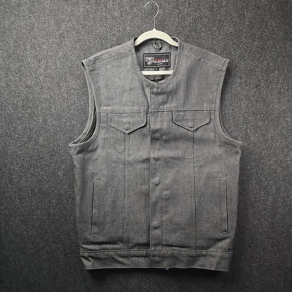 Grey Denim Collarless Club Vest with Conceal Carry Pockets Mens sz L